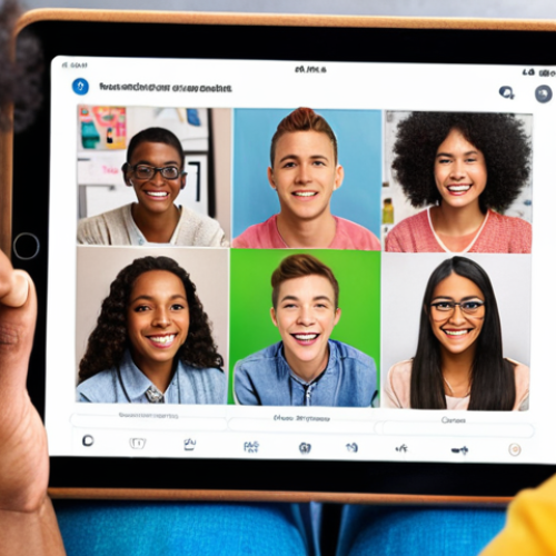 Home 8 **A diverse group of young adults engaged in a vibrant online video call with a youth counselor. The counselor is depicted as friendly and approachable, using a digital tablet to share resources. The background showcases a modern, supportive virtual environment with encouraging messages.**