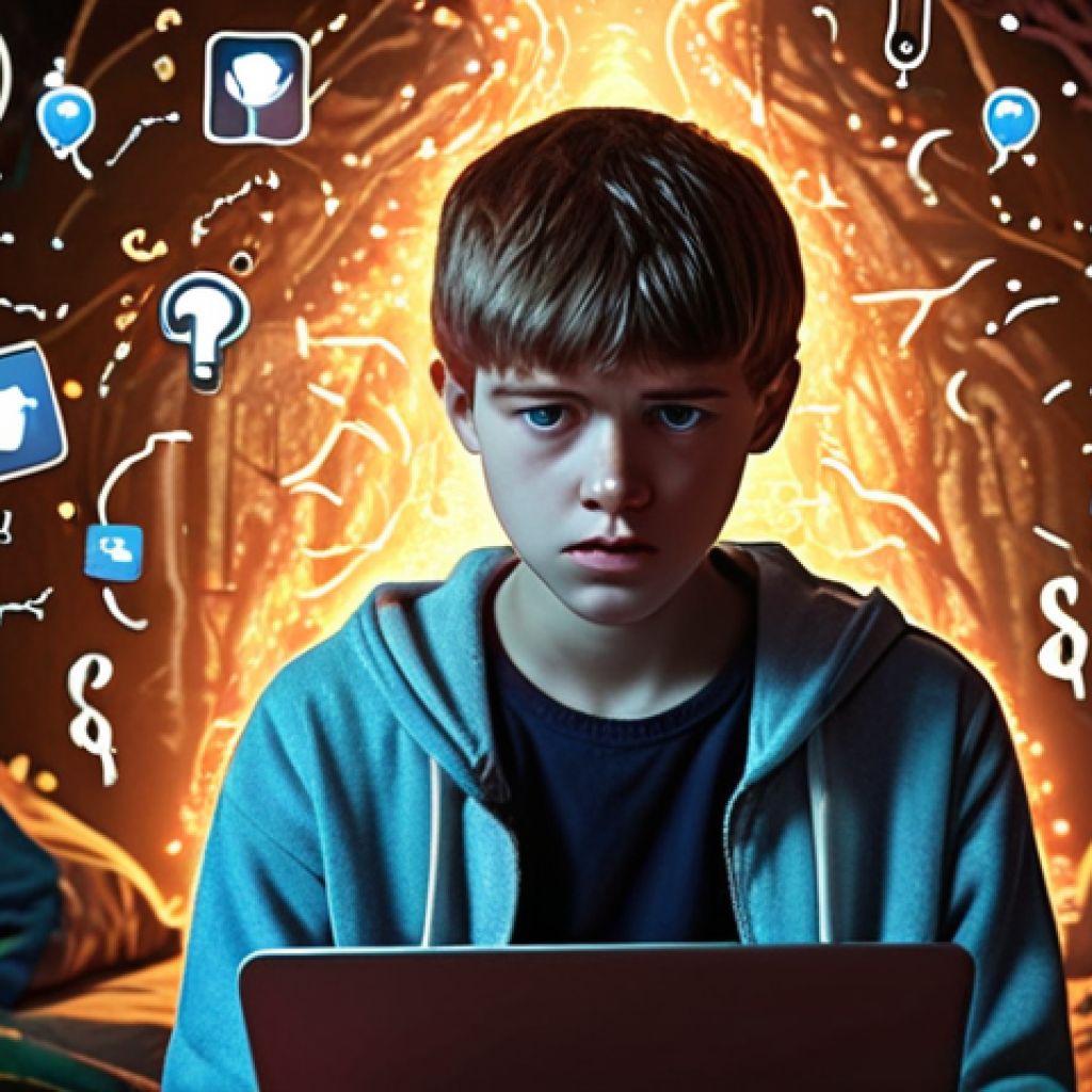 **Prompt 1: Digital Jungle Navigation**
A modern Russian teenager (14-17 years old) appears overwhelmed, their face illuminated by multiple glowing smartphone and laptop screens. Around them, chaotic digital elements float: fragmented social media icons, notification bubbles, abstract symbols of cyberbullying, and fake news headlines. A calm, empathetic youth specialist stands beside the teenager, gently guiding their gaze towards a balanced, less chaotic path, possibly represented by a faint, warm light or a more harmonious real-world scene in the background. The mood is a blend of digital anxiety and hopeful guidance. Use a realistic, somewhat dramatic lighting style, emphasizing the digital glow and the specialist's calm presence.