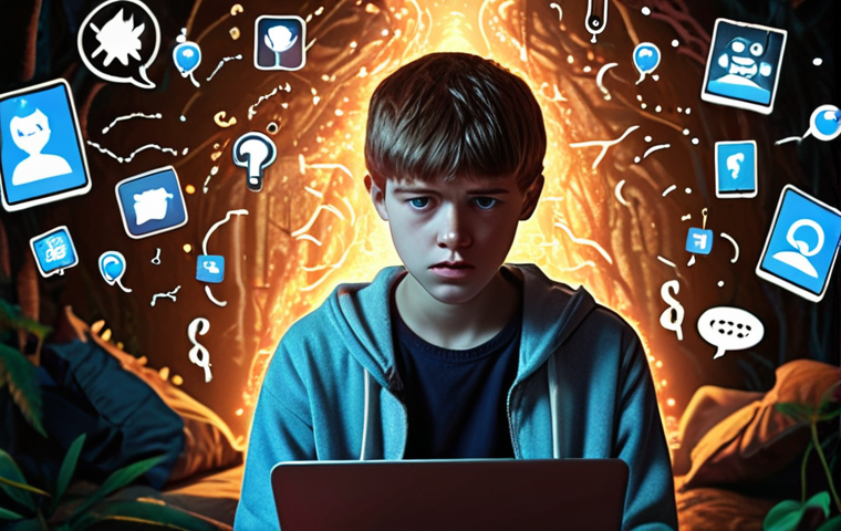 **Prompt 1: Digital Jungle Navigation**
A modern Russian teenager (14-17 years old) appears overwhelmed, their face illuminated by multiple glowing smartphone and laptop screens. Around them, chaotic digital elements float: fragmented social media icons, notification bubbles, abstract symbols of cyberbullying, and fake news headlines. A calm, empathetic youth specialist stands beside the teenager, gently guiding their gaze towards a balanced, less chaotic path, possibly represented by a faint, warm light or a more harmonious real-world scene in the background. The mood is a blend of digital anxiety and hopeful guidance. Use a realistic, somewhat dramatic lighting style, emphasizing the digital glow and the specialist's calm presence.
