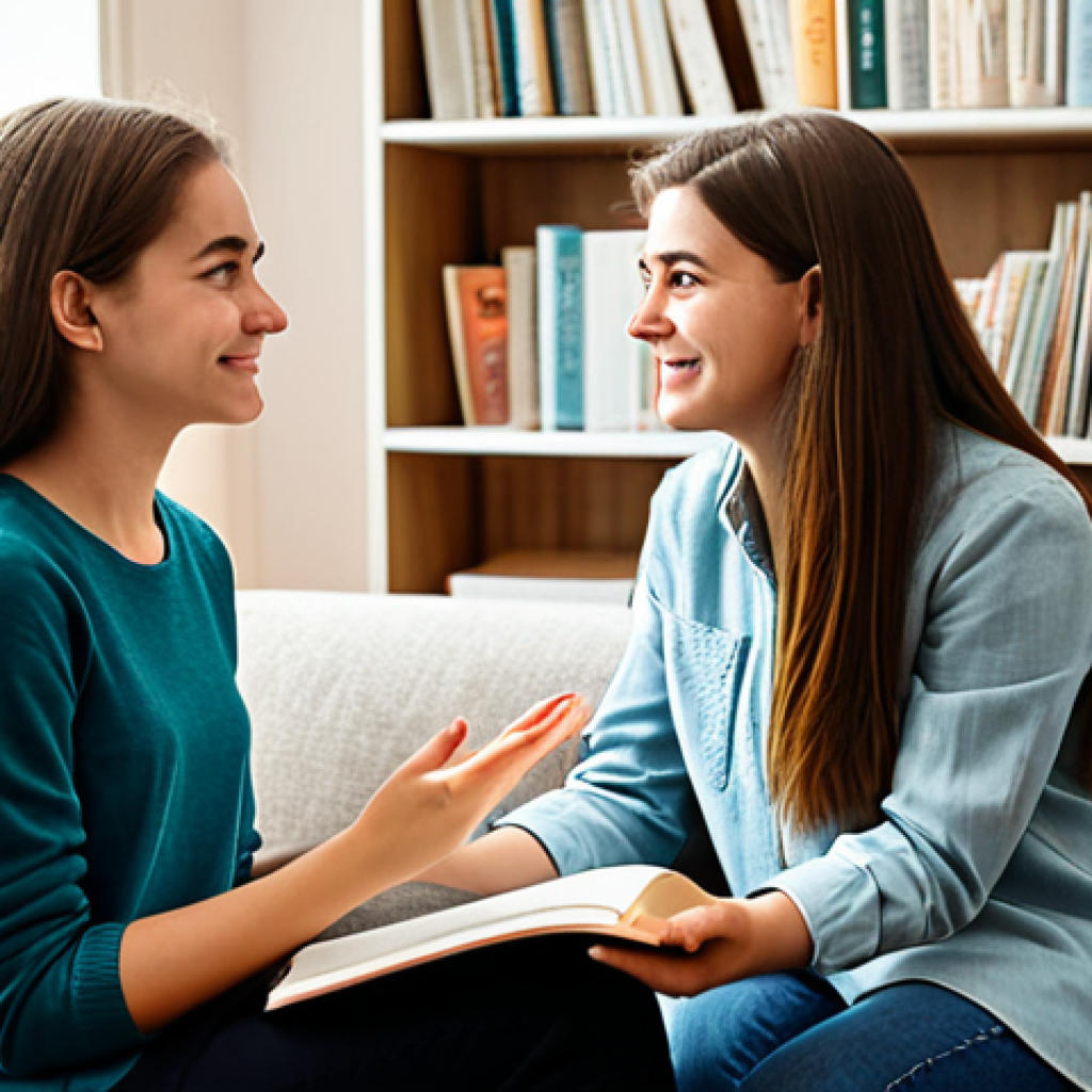 **

"A teenage girl in a fully clothed, modest casual outfit, sitting comfortably in a brightly lit, cozy room, talking to a friendly female psychologist. Bookshelves and comforting decorations surround them. Safe for work, appropriate content, professional setting, perfect anatomy, natural proportions, well-formed hands, proper finger count, natural pose, family-friendly environment."

**