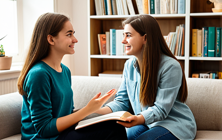 **
"A teenage girl in a fully clothed, modest casual outfit, sitting comfortably in a brightly lit, cozy room, talking to a friendly female psychologist. Bookshelves and comforting decorations surround them. Safe for work, appropriate content, professional setting, perfect anatomy, natural proportions, well-formed hands, proper finger count, natural pose, family-friendly environment."
**