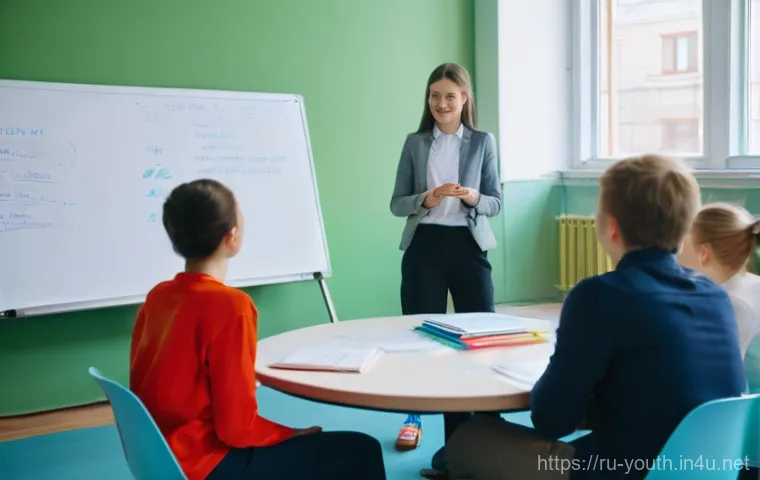 청소년상담사 시험 대비 실전 팁 - **Prompt:** A dynamic scene inside a modern, well-lit Russian youth center. A professional, diverse ...