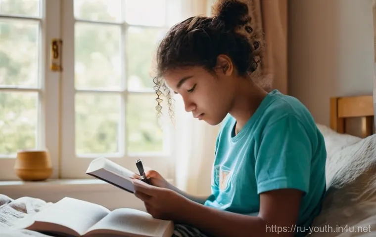 청소년상담사 현장에서 자주 쓰이는 기술 - **Prompt: A teenager journaling their emotions in a cozy, slightly messy bedroom.**
A realistic,...