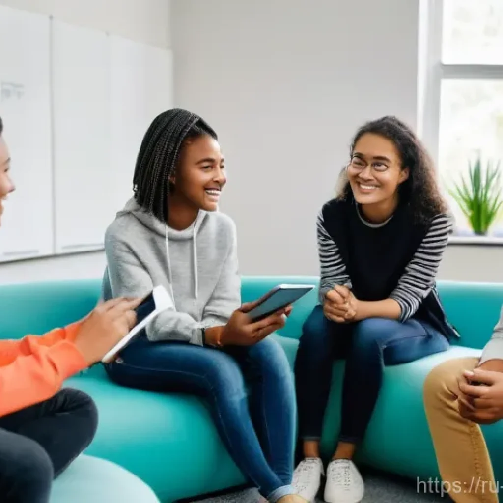 청소년상담사 해외 사례 연구 - **Prompt 1: Modern Teen Support Hub**
A vibrant and contemporary image of a diverse group of tee...