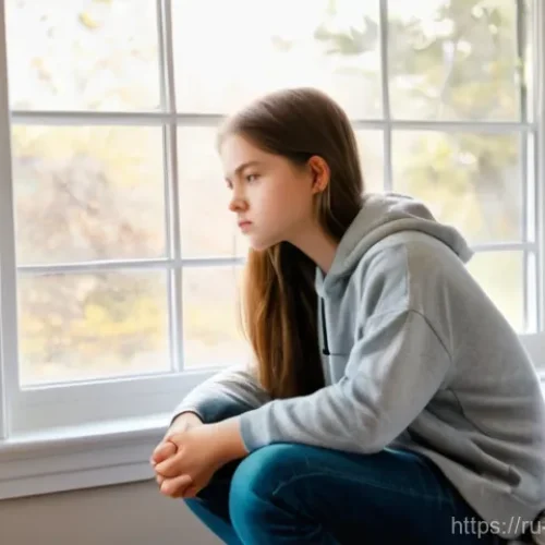 Home 29 청소년상담사와 정신건강 전문가의 차이 - A thoughtful teenage girl, approximately 14-16 years old, sits by a window in her cozy but slightly ...