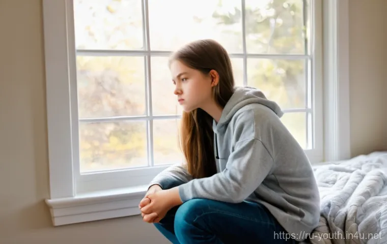 청소년상담사와 정신건강 전문가의 차이 - A thoughtful teenage girl, approximately 14-16 years old, sits by a window in her cozy but slightly ...