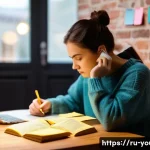 청소년상담사 시험 대비 필수 학습법 - A focused young woman, around 20-25 years old, sits comfortably at a wooden desk in a cozy, softly l...