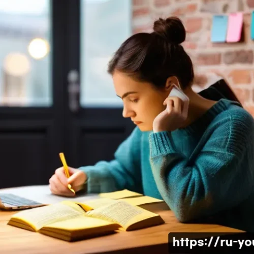 Home 27 청소년상담사 시험 대비 필수 학습법 - A focused young woman, around 20-25 years old, sits comfortably at a wooden desk in a cozy, softly l...