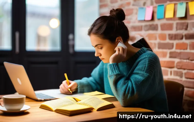 청소년상담사 시험 대비 필수 학습법 - A focused young woman, around 20-25 years old, sits comfortably at a wooden desk in a cozy, softly l...