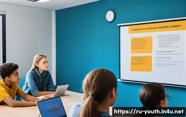 청소년상담사 커리큘럼 분석 - A professional training session for adolescent counselors set in a modern classroom, featuring a div...