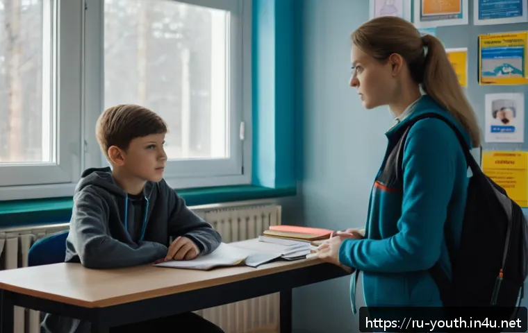 청소년상담사 자격증 소지 후 진로 탐색 - A modern Russian school counselor’s office scene showing a compassionate female counselor in her ear...