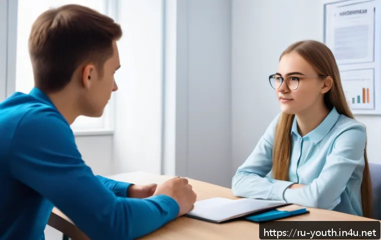 청소년상담사 실기시험 중 발생 가능한 문제 - A professional counseling session setting featuring a young Russian-speaking teenager wearing casual...