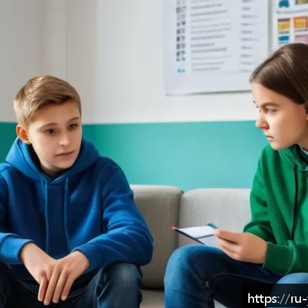 청소년상담사와 정신건강 상담의 역할 비교 - A warm, inviting counseling room in a Russian school, featuring a teenage boy sitting comfortably on...
