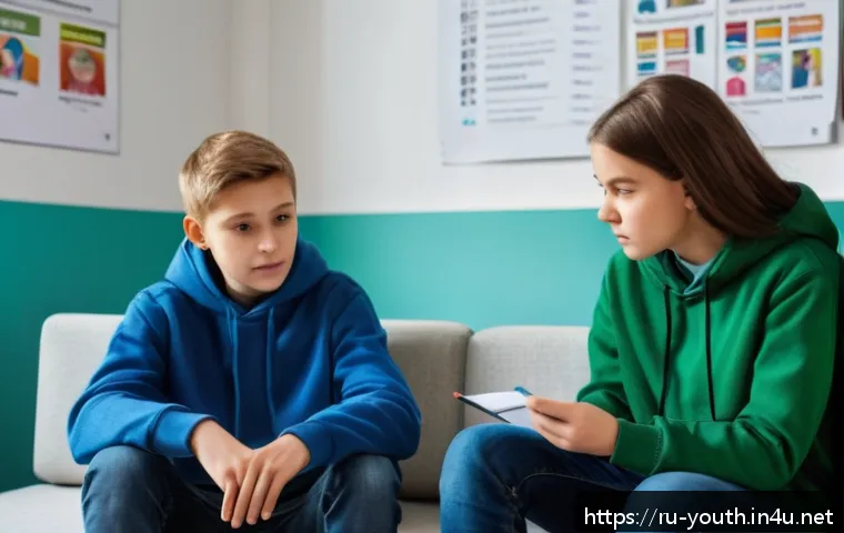 청소년상담사와 정신건강 상담의 역할 비교 - A warm, inviting counseling room in a Russian school, featuring a teenage boy sitting comfortably on...