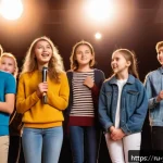 Home 21 청소년상담사와 청소년 리더십 개발 - A diverse group of confident Russian teenagers participating in a school public speaking event indoo...