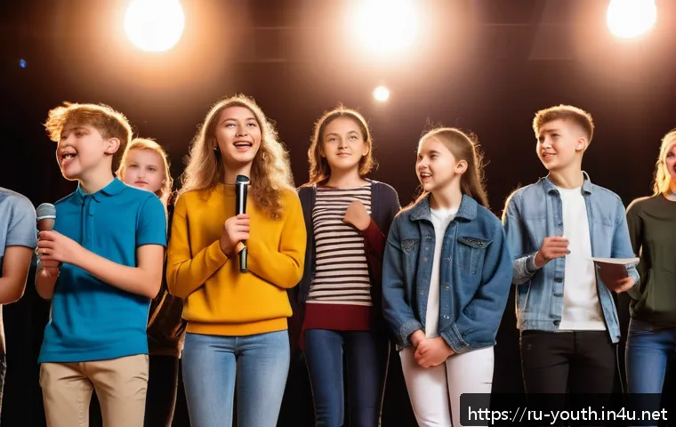 청소년상담사와 청소년 리더십 개발 - A diverse group of confident Russian teenagers participating in a school public speaking event indoo...