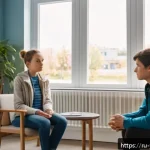 Home 20 청소년상담사와 관련된 주요 학술 연구 - A warm, inviting counseling room scene featuring a compassionate female counselor attentively listen...