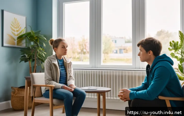 청소년상담사와 관련된 주요 학술 연구 - A warm, inviting counseling room scene featuring a compassionate female counselor attentively listen...