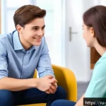 Home 18 청소년상담사 윤리강령과 실천 방안 - A warm and inviting counseling room scene showing a teenage boy wearing casual clothes and sitting c...