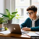 Home 23 청소년상담사 자격증을 위한 온라인 강의 - A cozy home study scene featuring a teenage student sitting at a modern desk with a laptop open, eng...