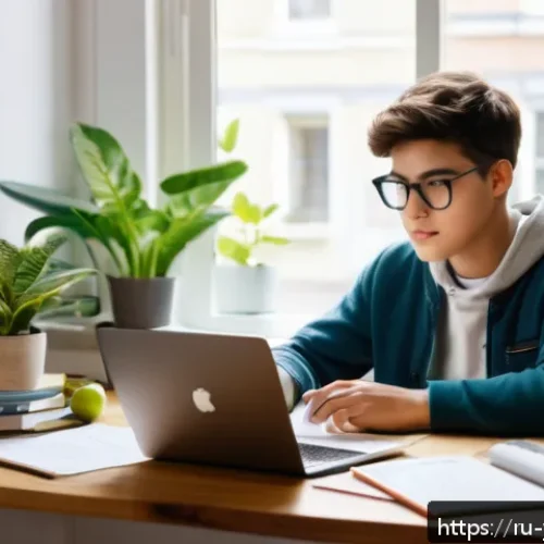 Home 17 청소년상담사 자격증을 위한 온라인 강의 - A cozy home study scene featuring a teenage student sitting at a modern desk with a laptop open, eng...