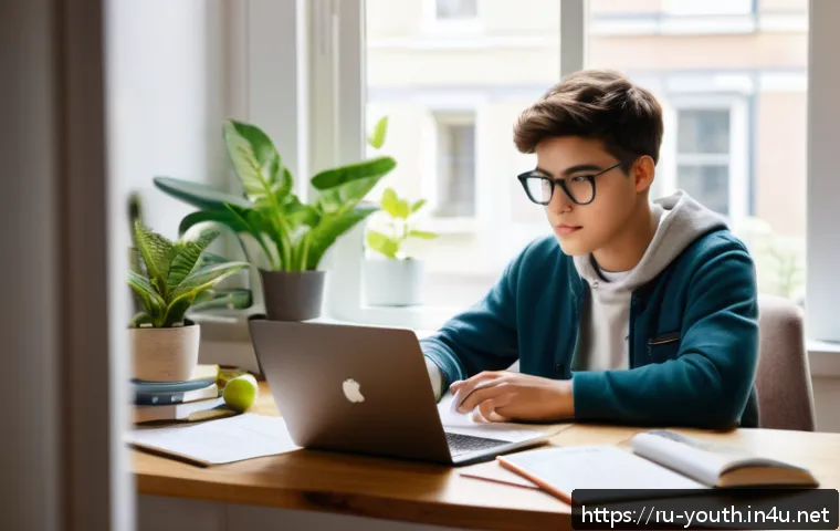 청소년상담사 자격증을 위한 온라인 강의 - A cozy home study scene featuring a teenage student sitting at a modern desk with a laptop open, eng...