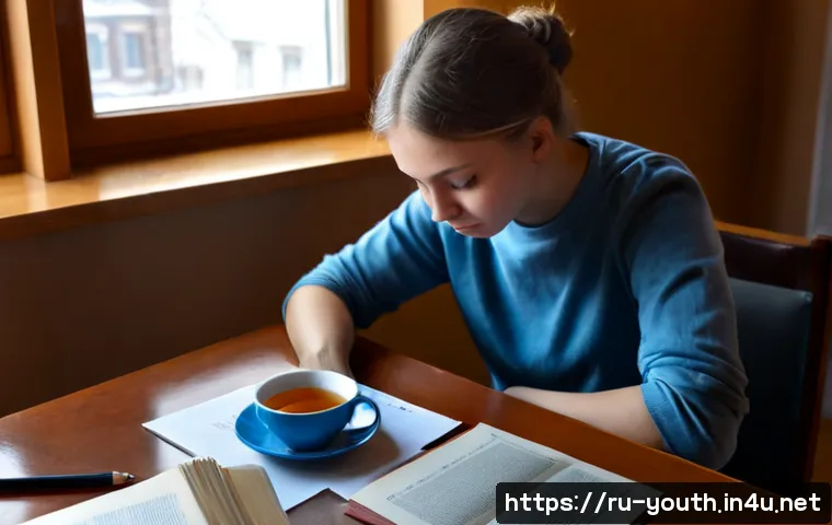 청소년상담사 필기시험에서 고득점 받는 법 - Photorealistic Russian university student preparing for a youth counseling certification exam, seate...